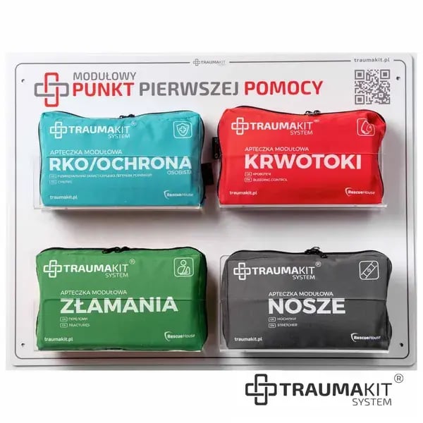 Punkt Pierwszej Pomocy TRAUMAKIT AKZN: moduły RKO/Ochrona, Krwotoki, Złamania i Nosze na białej tablicy