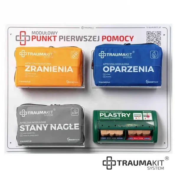 Punkt Pierwszej Pomocy TRAUMAKIT ROSP: moduły Zranienia, Oparzenia, Stany nagłe i Plastry na białej tablicy
