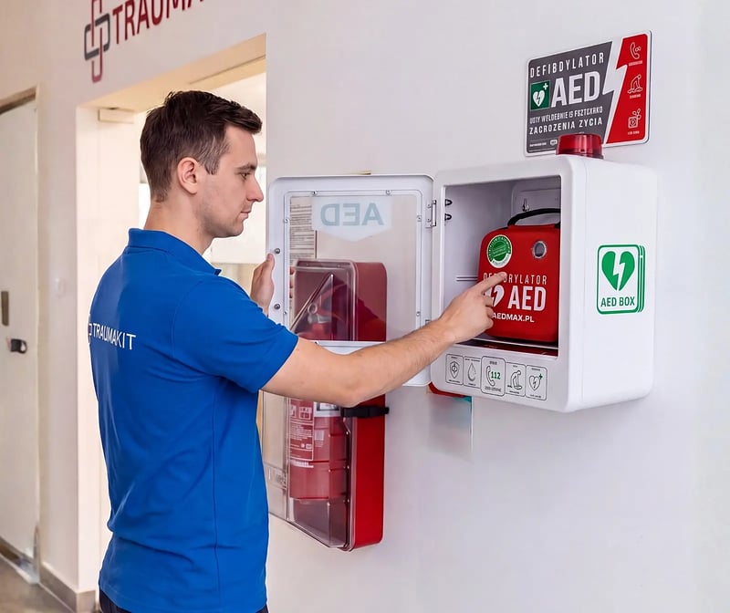 Serwisant AEDMAX.PL wykonuje przegląd defibrylatora AED w szafce ściennej