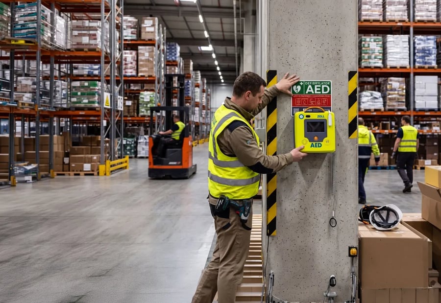 Defibrylator AED w kapsule ROTAID przy wejściu do hali zakładu produkcyjnego