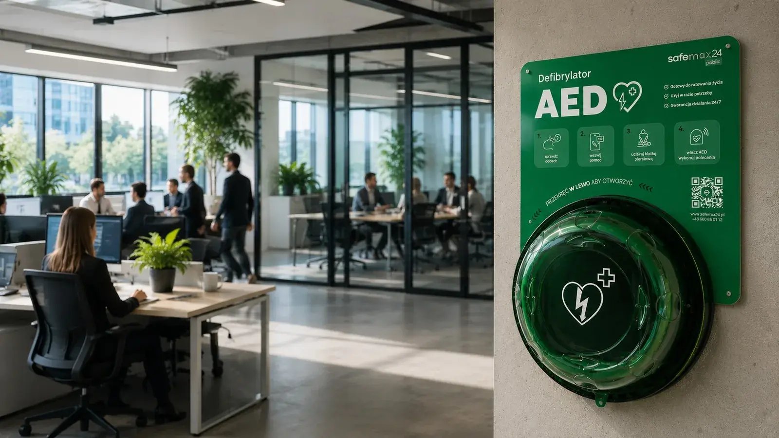 Defibrylator AED w zielonej kapsule SAFEMAX24 na ścianie biura, w tle pracownicy przy biurkach
